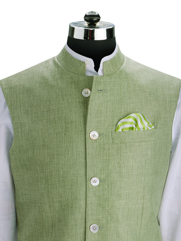 Positano Green Pure Linen Sleeveless Jodhpuri