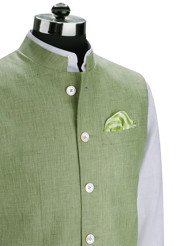 Positano Green Pure Linen Sleeveless Jodhpuri
