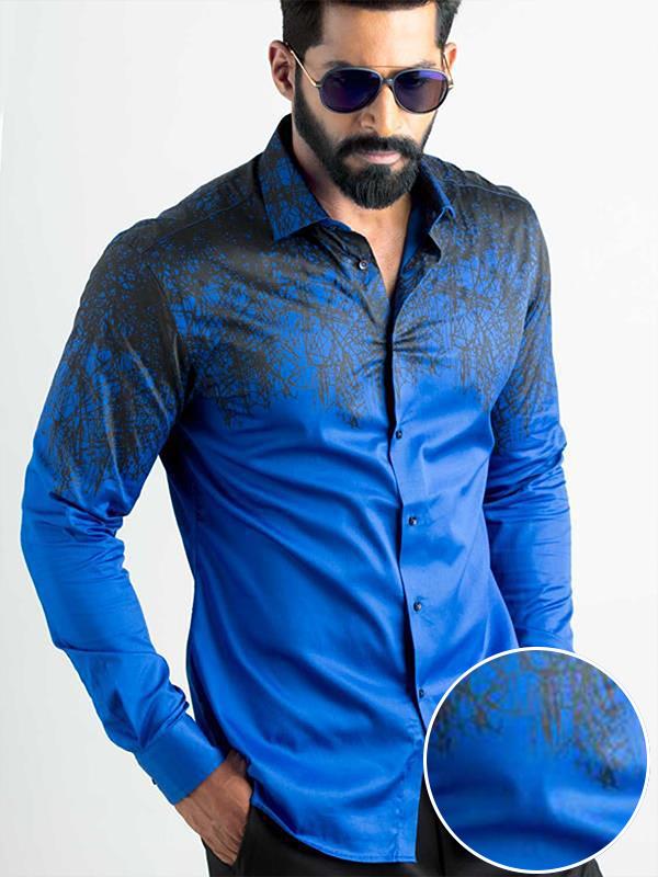 Afrojk Cobalt Printed Full Sleeve Single Cuff Slim Fit Party Wear Blended Shirt