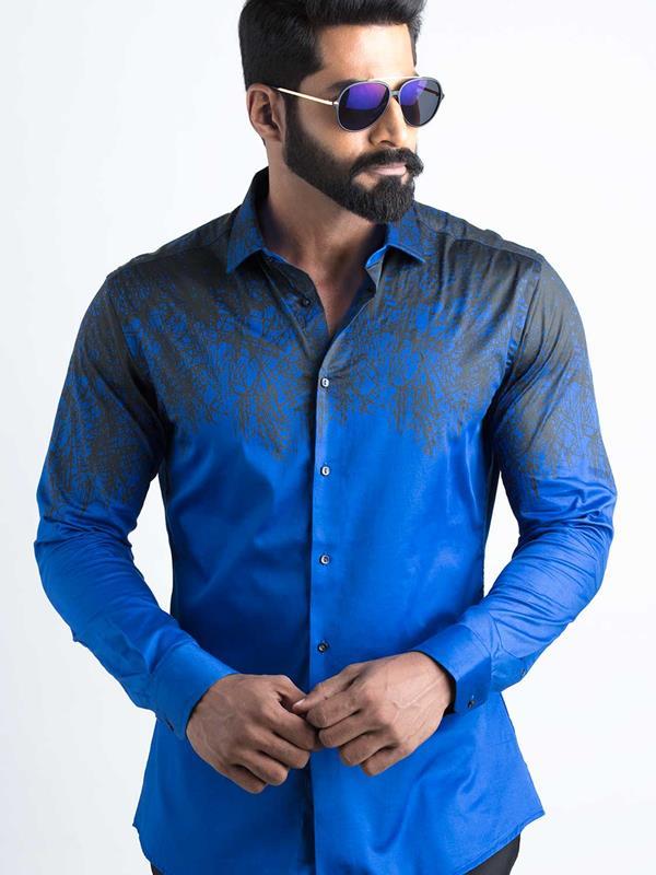 Afrojk Cobalt Printed Full Sleeve Single Cuff Slim Fit Party Wear Blended Shirt