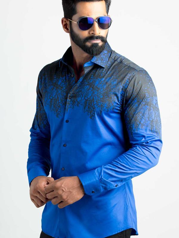 Afrojk Cobalt Printed Full Sleeve Single Cuff Slim Fit Party Wear Blended Shirt