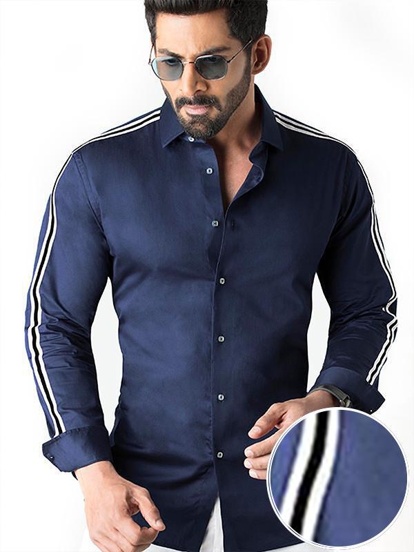 Alec Navy Solid Full Sleeve Single Cuff Slim Fit Party Wear Blended Shirt