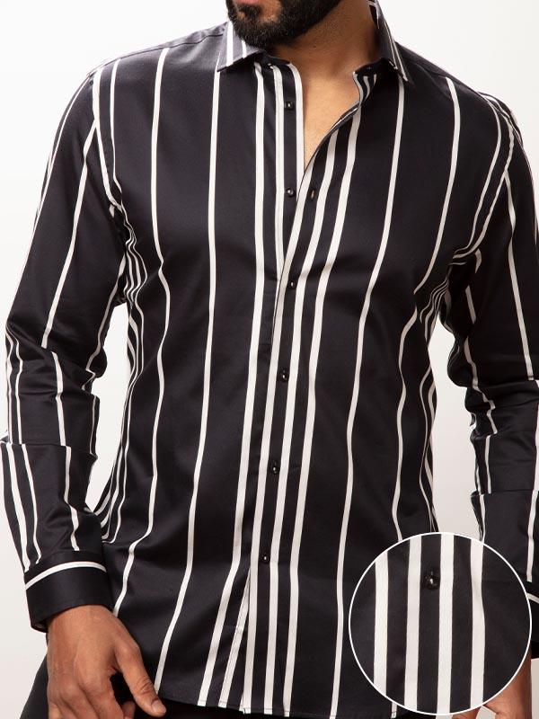 Angelo Black Striped Full Sleeve Single Cuff Slim Fit Party Wear Blended Shirt