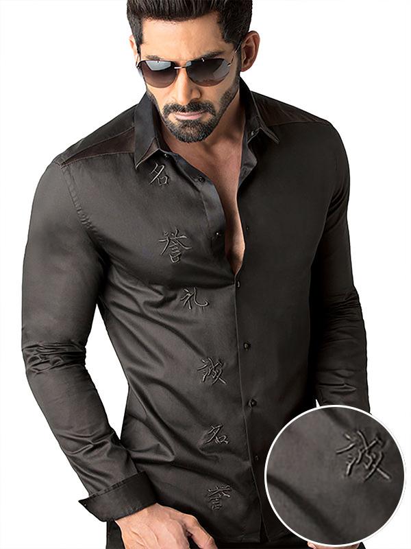 Aoki Black Embroidery Full Sleeve Single Cuff Slim Fit Party Wear Blended Shirt