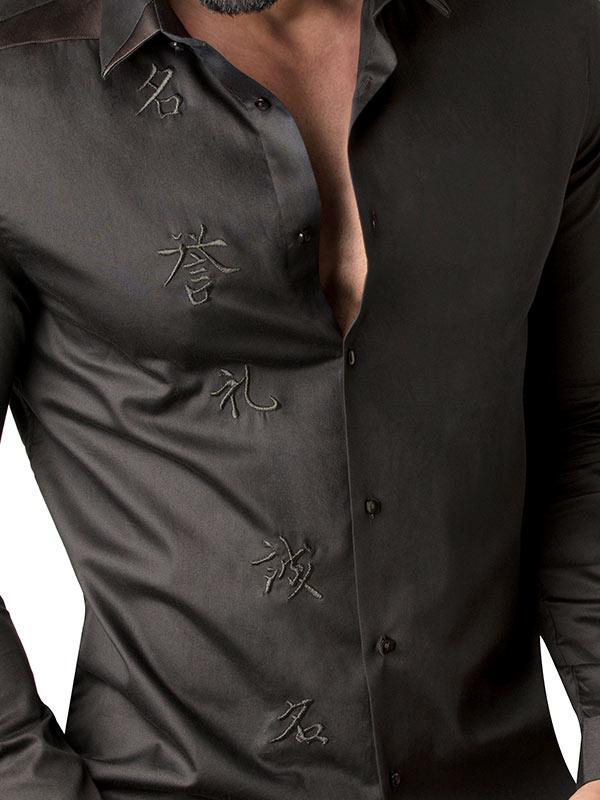 Aoki Black Embroidery Full Sleeve Single Cuff Slim Fit Party Wear Blended Shirt