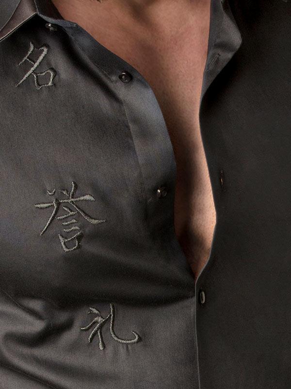 Aoki Black Embroidery Full Sleeve Single Cuff Slim Fit Party Wear Blended Shirt