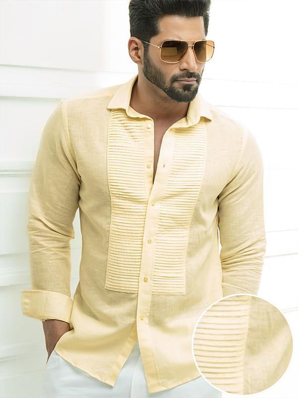 Armin Yellow Solid Full Sleeve Single Cuff Slim Fit Party Wear Blended Shirt