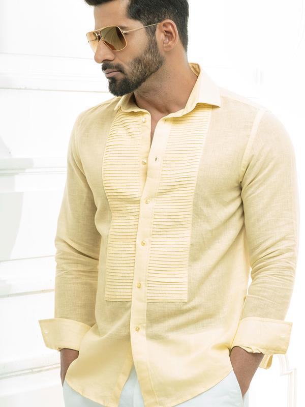 Armin Yellow Solid Full Sleeve Single Cuff Slim Fit Party Wear Blended Shirt