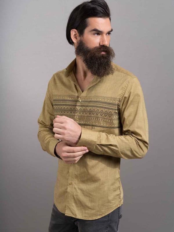 Aztec Ochre Printed Full sleeve single cuff Slim Fit Cotton Shirt