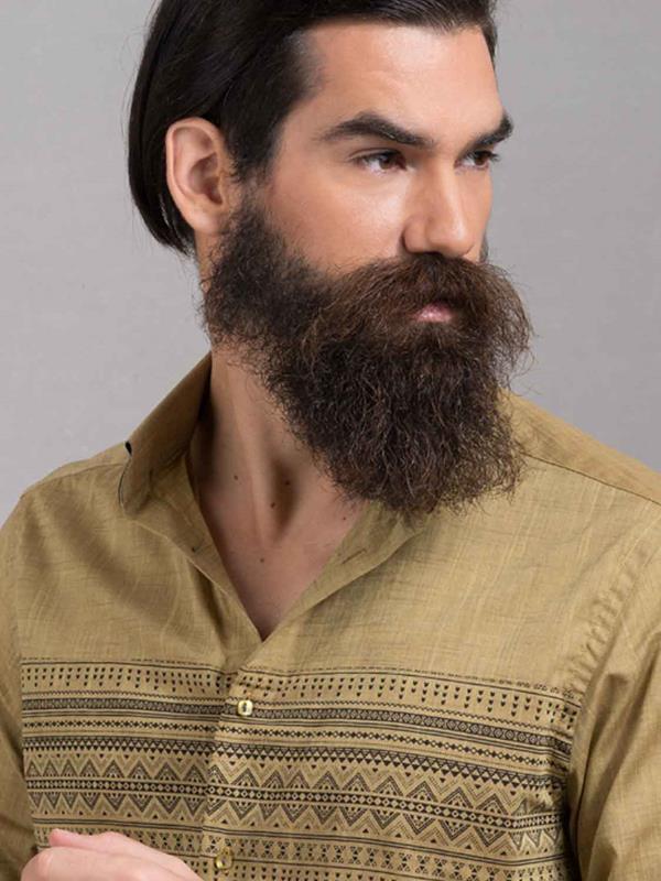 Aztec Ochre Printed Full sleeve single cuff Slim Fit Cotton Shirt