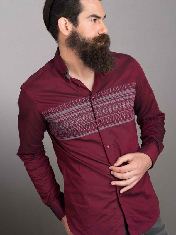 Aztec Wine Printed Full Sleeve Single Cuff Slim Fit Party Wear Cotton Shirt