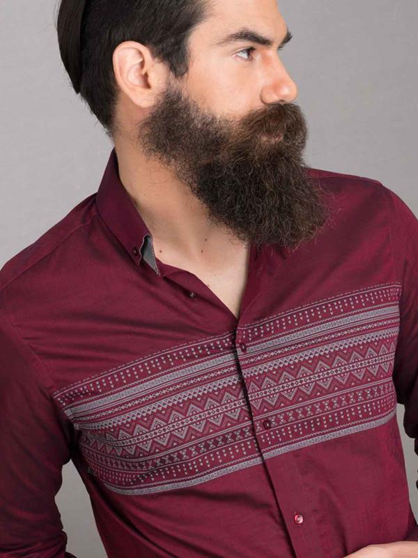 Aztec Wine Printed Full Sleeve Single Cuff Slim Fit Party Wear Cotton Shirt