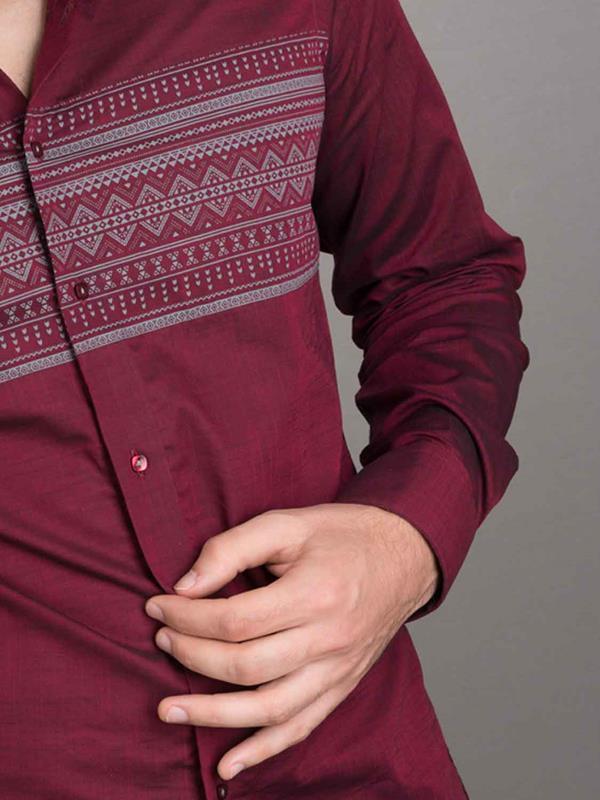 Aztec Wine Printed Full Sleeve Single Cuff Slim Fit Party Wear Cotton Shirt