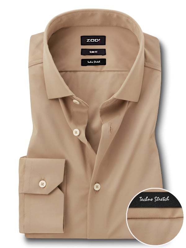 Beyer Beige Techno 4 Way Stretch Solid Full Sleeve Single Cuff Slim Fit Party Wear Blended Shirt