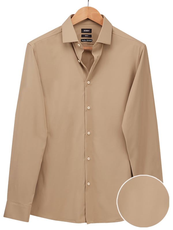 ZOD! Beyer Beige Techno 4 Way Stretch Solid Full Sleeve Single Cuff Slim Fit Party Wear Blended Shirt