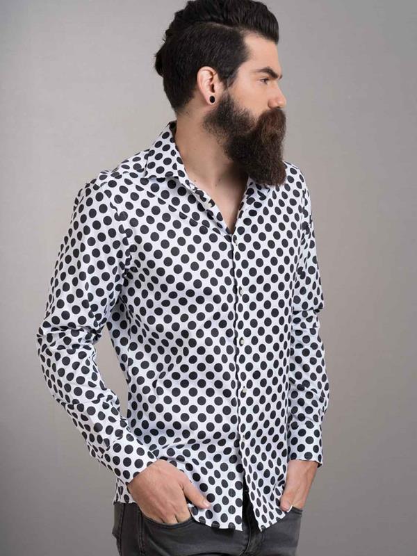 Bomonti White Printed Full Sleeve Single Cuff Slim Fit Party Wear Blended Shirt