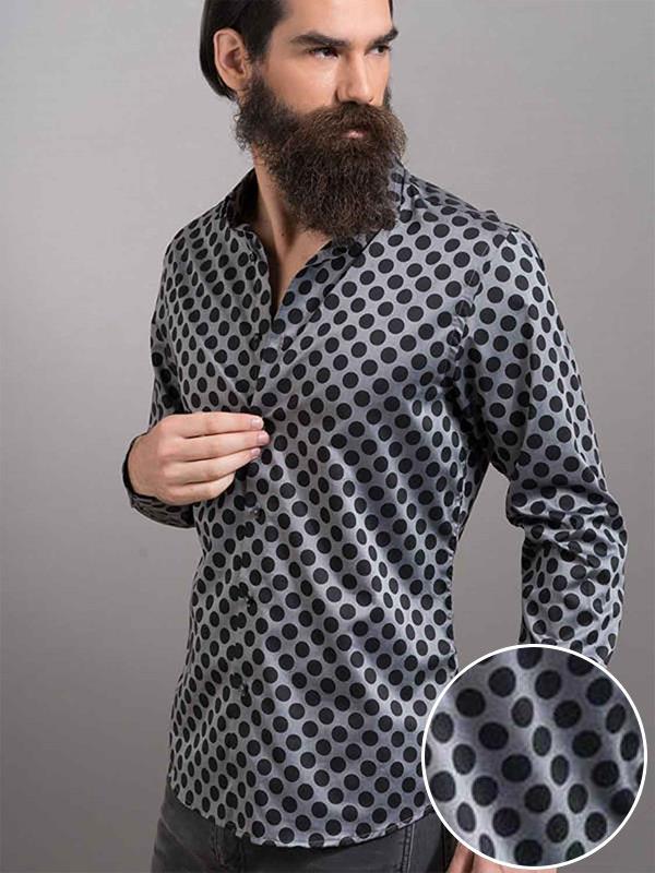 Bomonti Dark Grey Printed Full Sleeve Single Cuff Slim Fit Party Wear Cotton Shirt