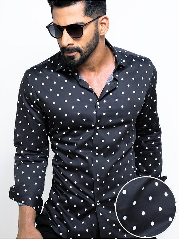 Bruno Black Printed Full Sleeve Single Cuff Slim Fit Party Wear Blended Shirt