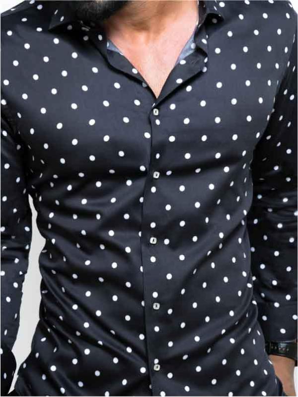 Bruno Black Printed Full Sleeve Single Cuff Slim Fit Party Wear Blended Shirt