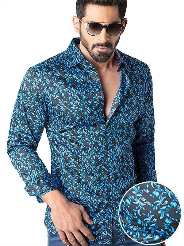 Calderoni Cobalt Printed Full Sleeve Single Cuff Slim Fit Party Wear Blended Shirt