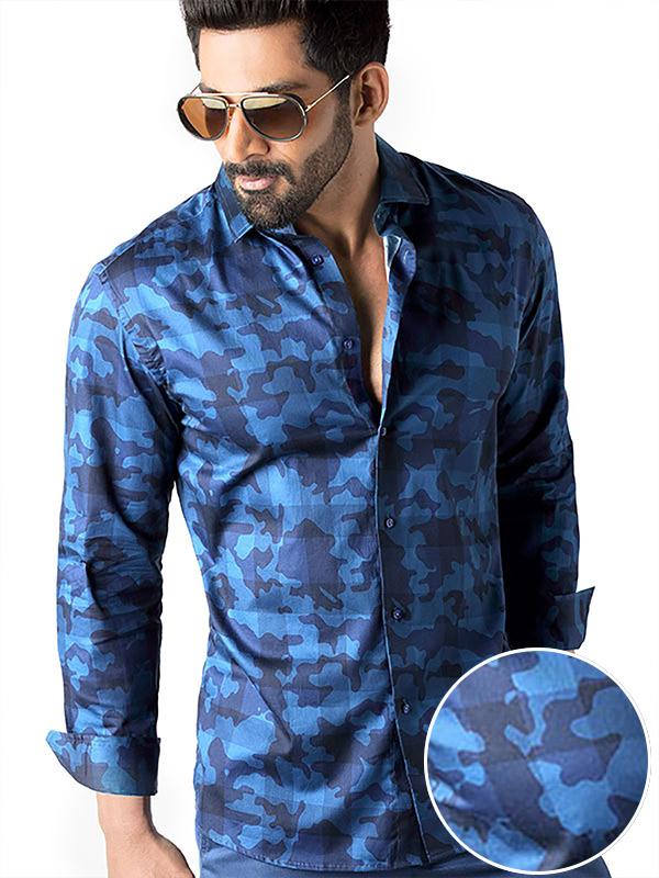 Camarena Navy Printed Full Sleeve Single Cuff Slim Fit Party Wear Blended Shirt