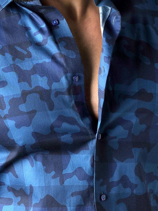 Camarena Navy Printed Full Sleeve Single Cuff Slim Fit Party Wear Blended Shirt