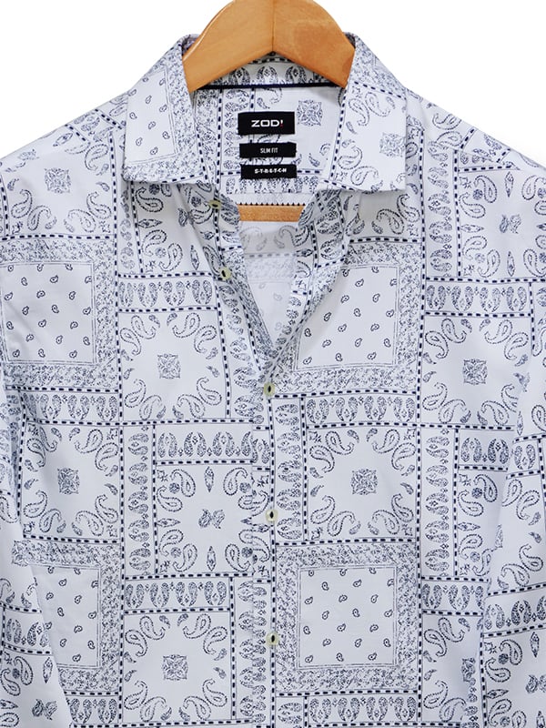 Cappadocia White Printed Full Sleeve Single Cuff Slim Fit Party Wear Blended Shirt