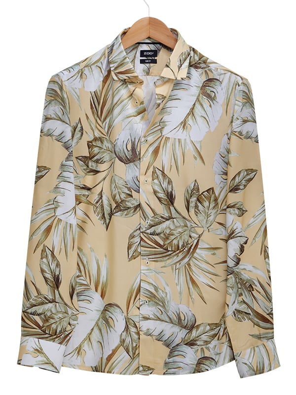 Chico Cream Printed Full Sleeve Single Cuff Slim Fit Party Wear Viscose Shirt