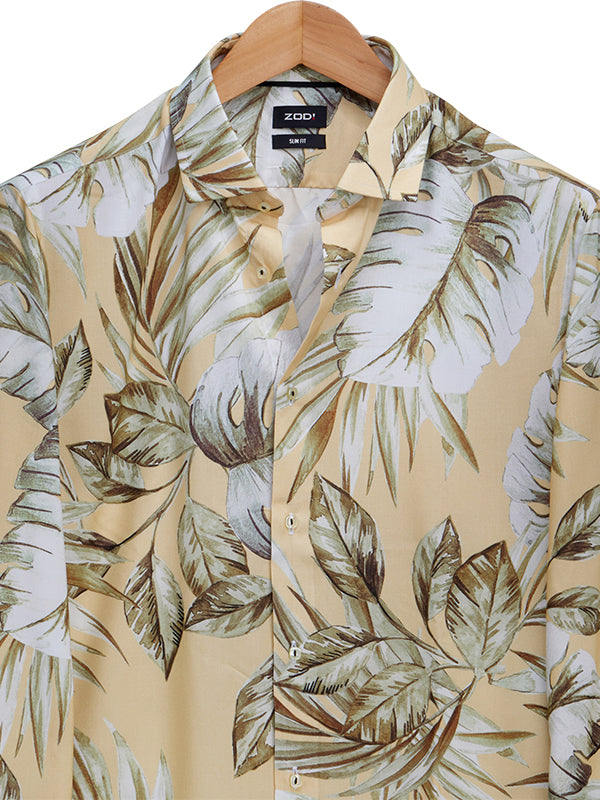 Chico Cream Printed Full Sleeve Single Cuff Slim Fit Party Wear Viscose Shirt