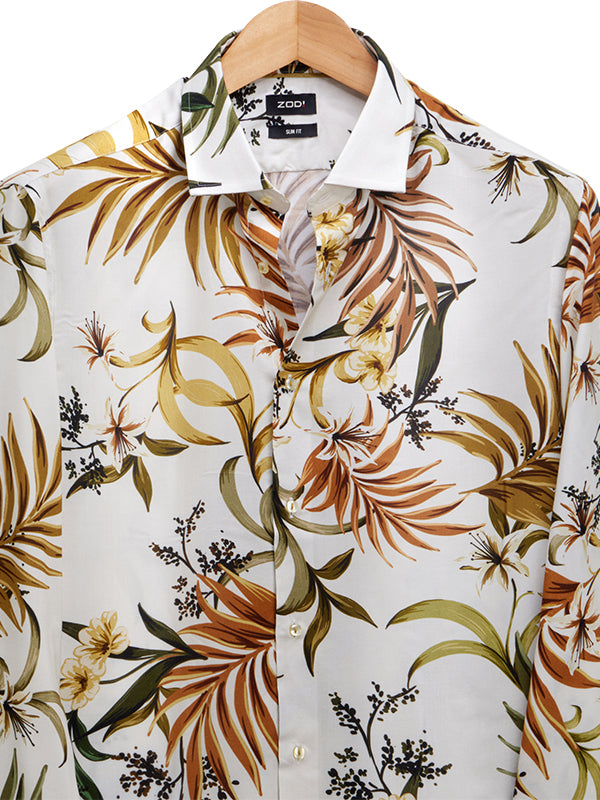 Chico Ecru Printed Full Sleeve Single Cuff Slim Fit Party Wear Viscose Shirt