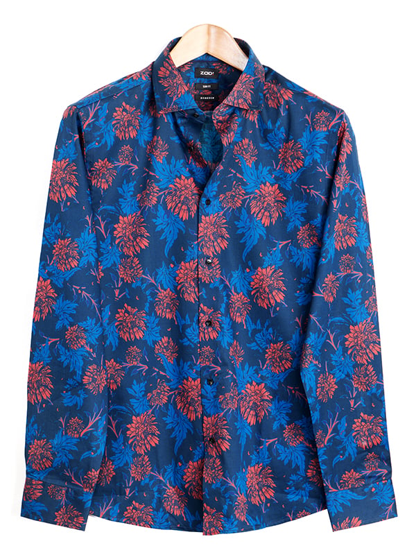 Claudio Navy Printed Full Sleeve Single Cuff Slim Fit Party Wear Blended Shirt
