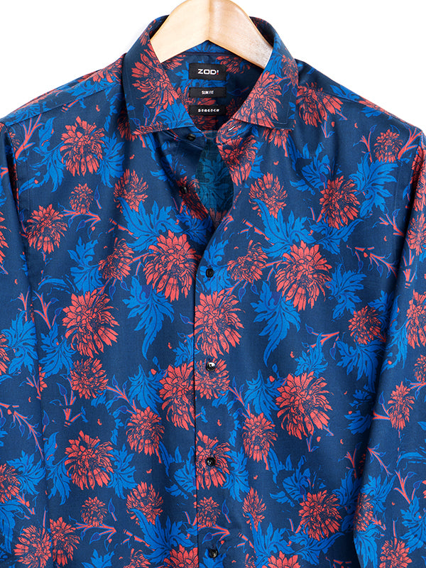 Claudio Navy Printed Full Sleeve Single Cuff Slim Fit Party Wear Blended Shirt