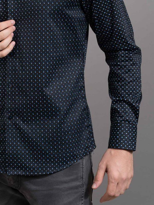 Cocorico Black Printed Full Sleeve Single Cuff Slim Fit Party Wear Blended Shirt