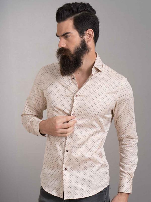 Cocorico Cream Printed Full Sleeve Single Cuff Slim Fit Party Wear Blended Shirt