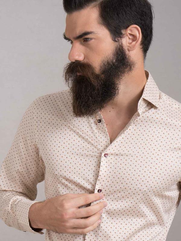 Cocorico Cream Printed Full Sleeve Single Cuff Slim Fit Party Wear Blended Shirt