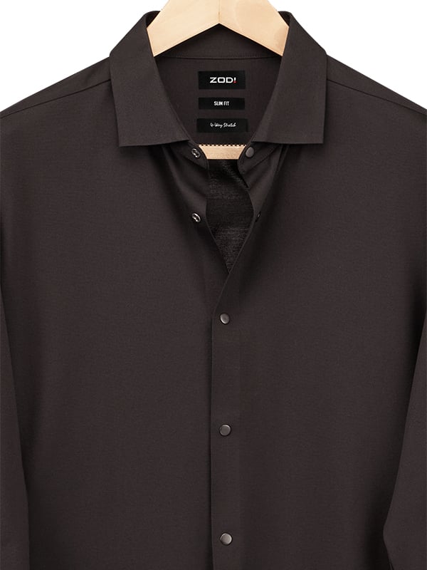 Cox Black 4 Way Knitted Stretch Solid Full Sleeve Single Cuff Slim Fit Party Wear Blended Shirt