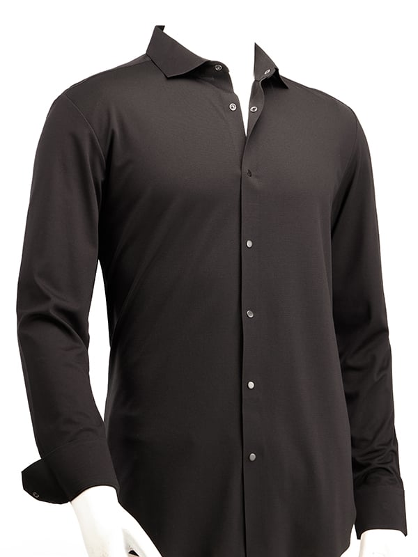 Cox Black 4 Way Knitted Stretch Solid Full Sleeve Single Cuff Slim Fit Party Wear Blended Shirt