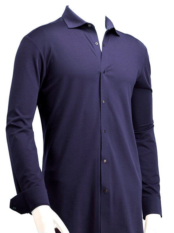 Cox Navy 4 Way Knitted Stretch Solid Full Sleeve Single Cuff Slim Fit Party Wear Blended Shirt