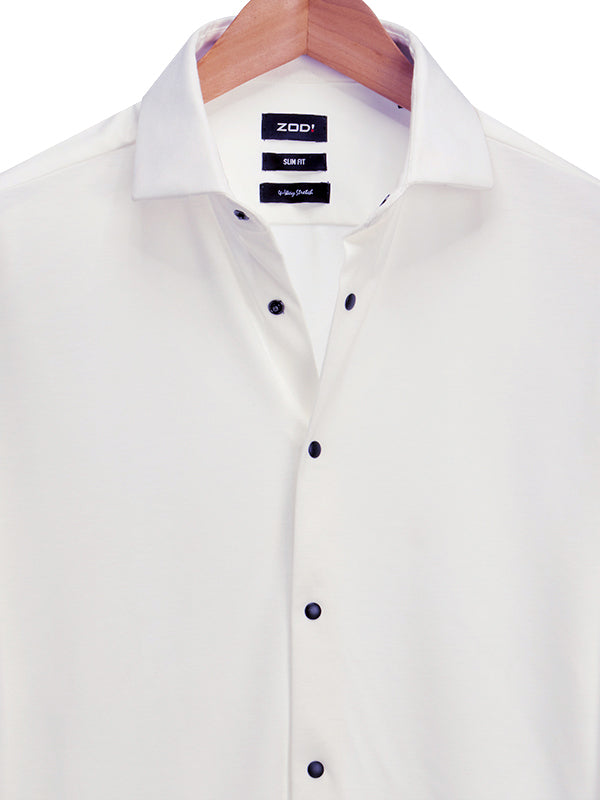 Cox White 4 Way Knitted Stretch Solid Full Sleeve Single Cuff Slim Fit Blended Party Wear Shirt