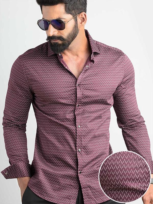 Dash Burgundy Printed Full Sleeve Single Cuff Slim Fit Party Wear Blended Shirt