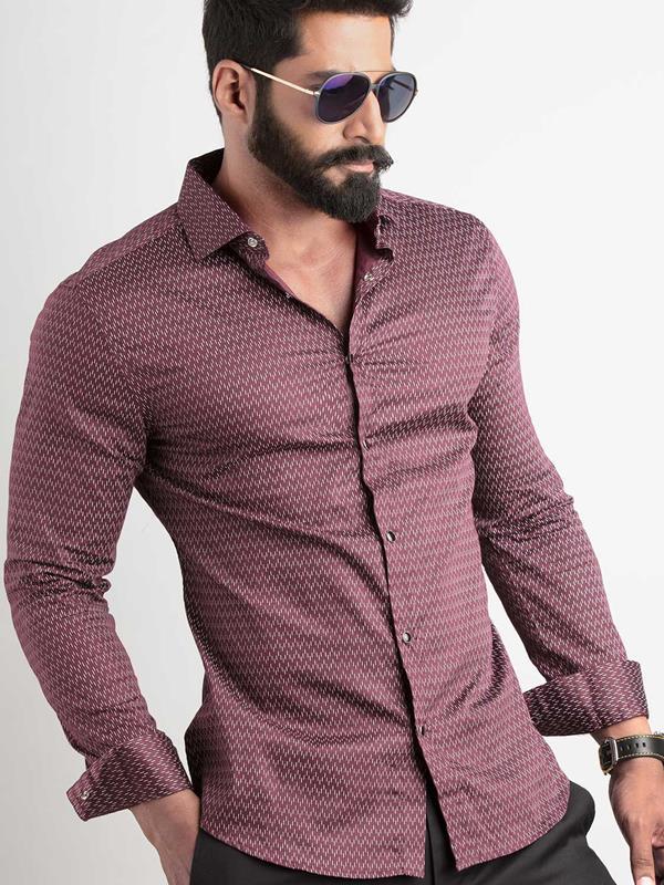 Dash Burgundy Printed Full Sleeve Single Cuff Slim Fit Party Wear Blended Shirt
