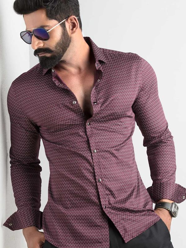 Dash Burgundy Printed Full Sleeve Single Cuff Slim Fit Party Wear Blended Shirt