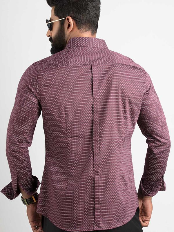 Dash Burgundy Printed Full Sleeve Single Cuff Slim Fit Party Wear Blended Shirt