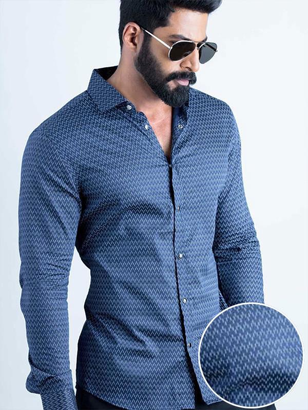 Dash Navy Printed Full Sleeve Single Cuff Slim Fit Party Wear Blended Shirt