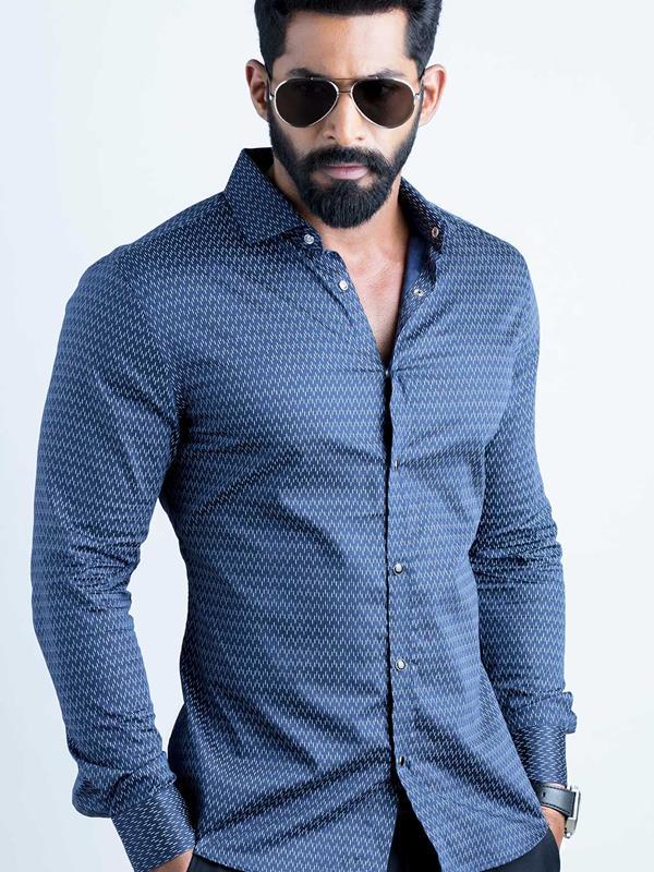 Dash Navy Printed Full Sleeve Single Cuff Slim Fit Party Wear Blended Shirt