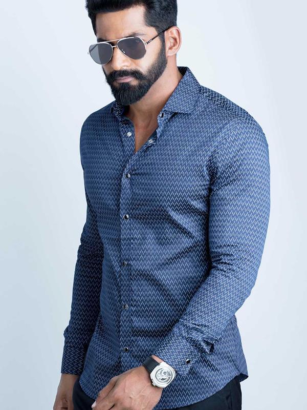 Dash Navy Printed Full Sleeve Single Cuff Slim Fit Party Wear Blended Shirt