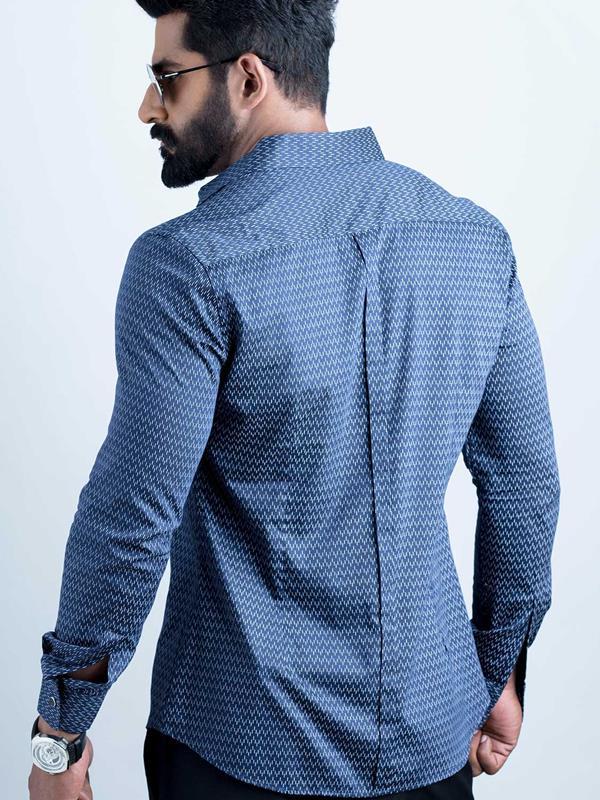 Dash Navy Printed Full Sleeve Single Cuff Slim Fit Party Wear Blended Shirt