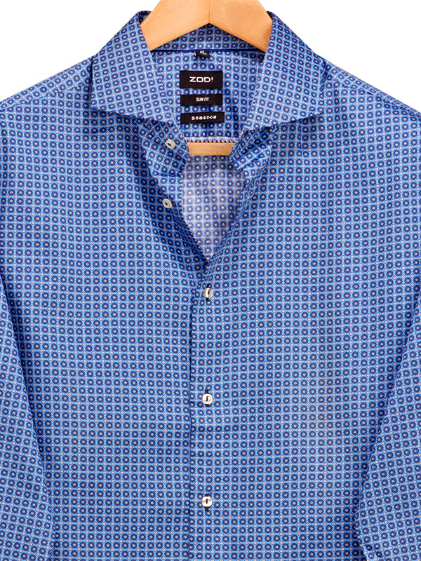 Depp Blue Printed Full Sleeve Single Cuff Slim Fit Party Wear Blended Shirt