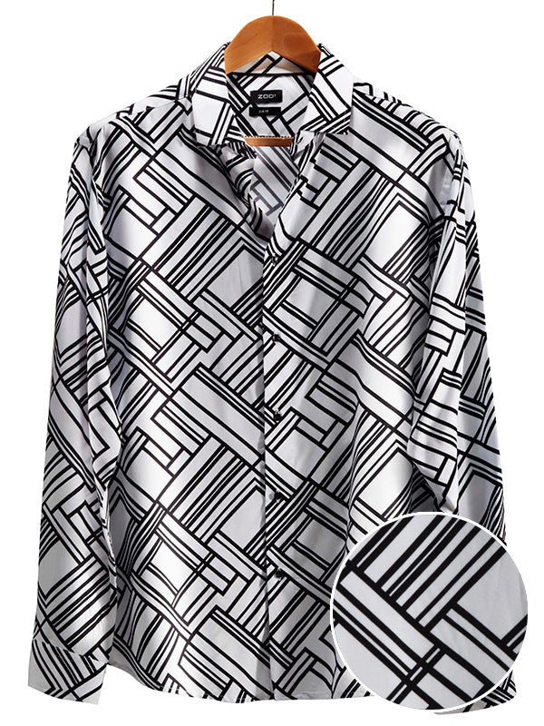 Diablo White Printed Full Sleeve Single Cuff Slim Fit Party Wear Viscose Shirt