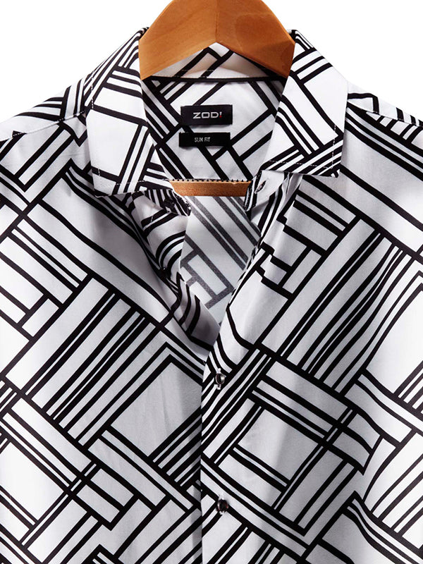 Diablo White Printed Full Sleeve Single Cuff Slim Fit Party Wear Viscose Shirt